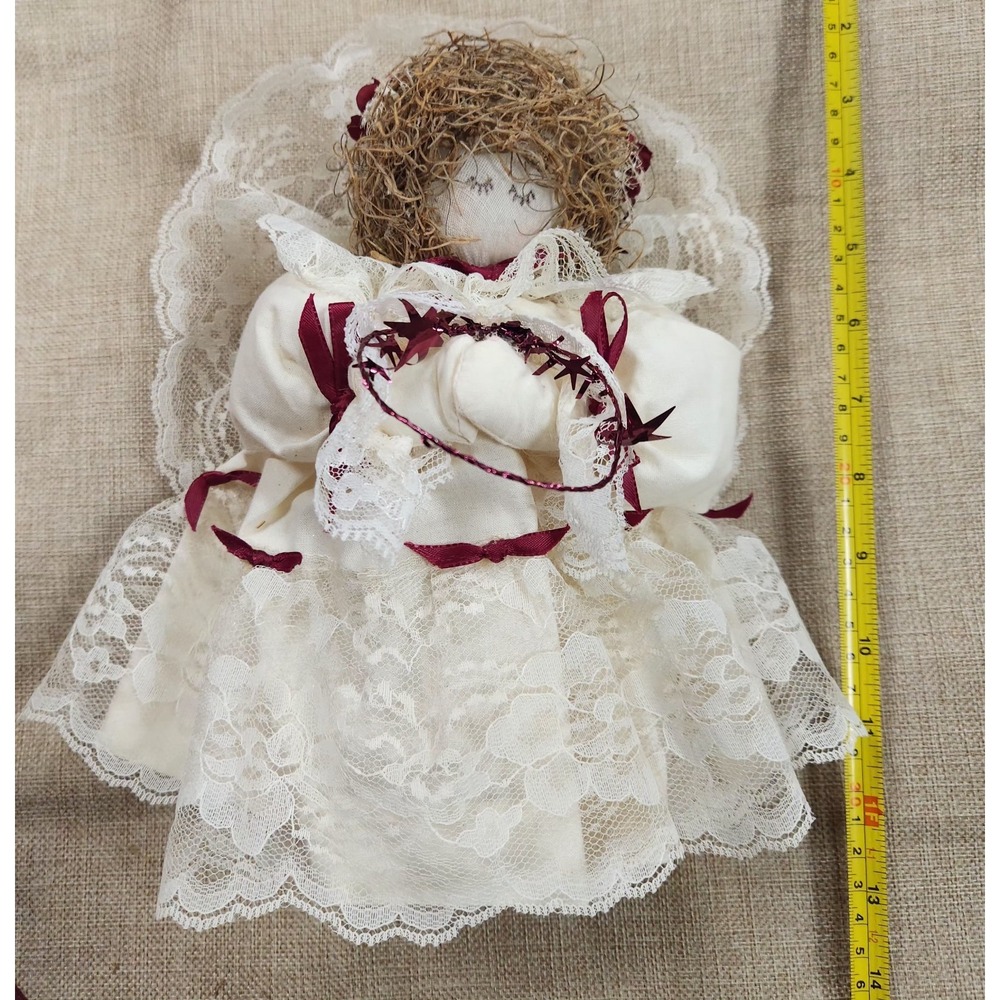 Vintage Handmade Angel Christmas Tree Topper Lacy Dress Burgundy & Creme Color